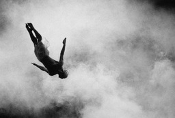 An acrobat plunged towards a trampoline at the Moscow Old Circus, 1997